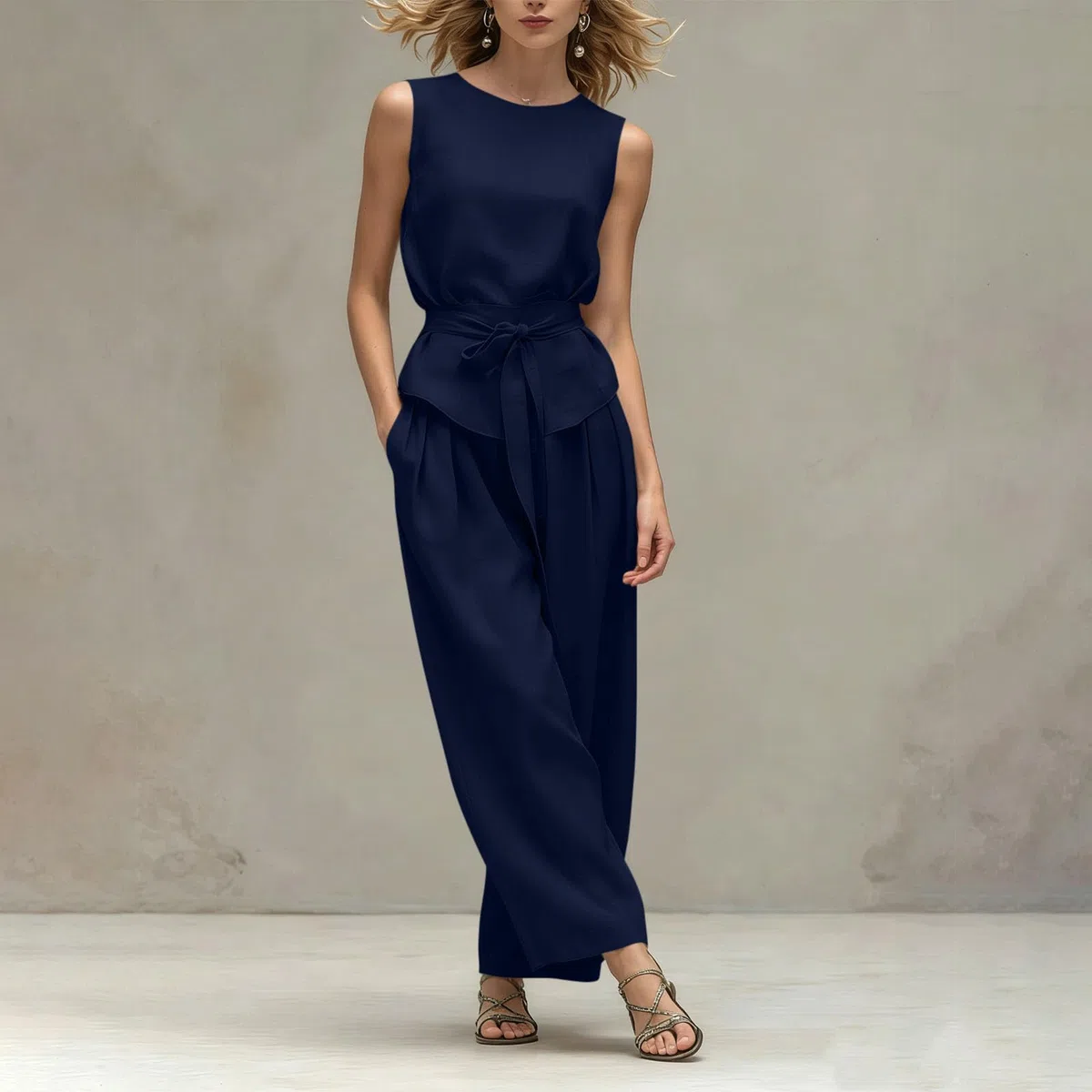 2 pezzi abiti da donna estivi casual Co Ord set girocollo senza maniche gilet top gamba larga pantaloni lunghi con tasche cravatta anteriore comfort lounge wear set slim aeroporto viaggio outfit