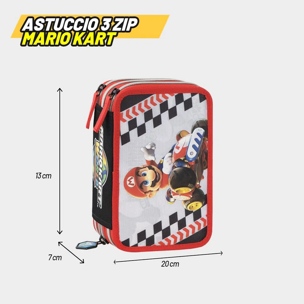 MARIO KART - Astuccio Scuola Ufficiale Mario Kart, Astuccio 3 Scomparti con Set Cancelleria Incluso, Penna Cancellabile Blu, 5 Etichette Adesive, Pratica Chiusura a Zip, 20x13Hx7 cm