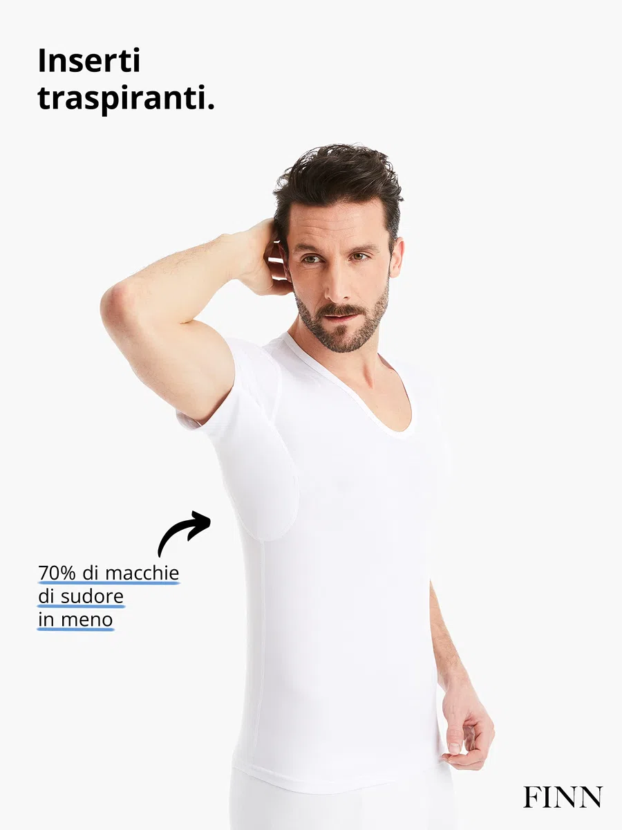 FINN Maglia Intima Funzionale per Uomo con Scollo a V - T-Shirt Anti-Sudore con Inserti Contro Le Macchie di Sudore - Canottiera a Maniche Corte in Tessuto Originale Lenzing® Modal