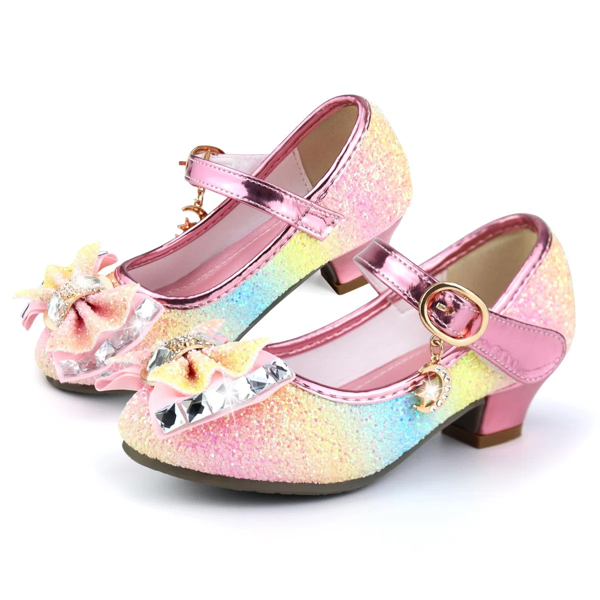 Scarpette di Cristallo Cenerentola, Scarpe Principessa Tacchi, Scarpe Eleganti Arcobaleno Glitterate Bambina 32