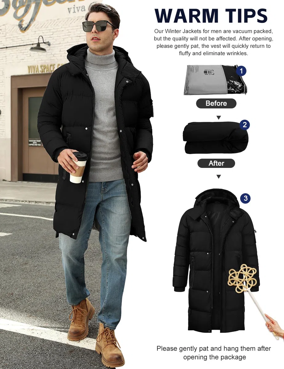 Yuson Girl Cappotto Uomo Invernale Parka Caldo Giacca Antivento Cappotto con Cappuccio Lungo Giubbotto Impermeabili Giaccone Trapuntata Cappotti con Cerniera e Tasche Giacca