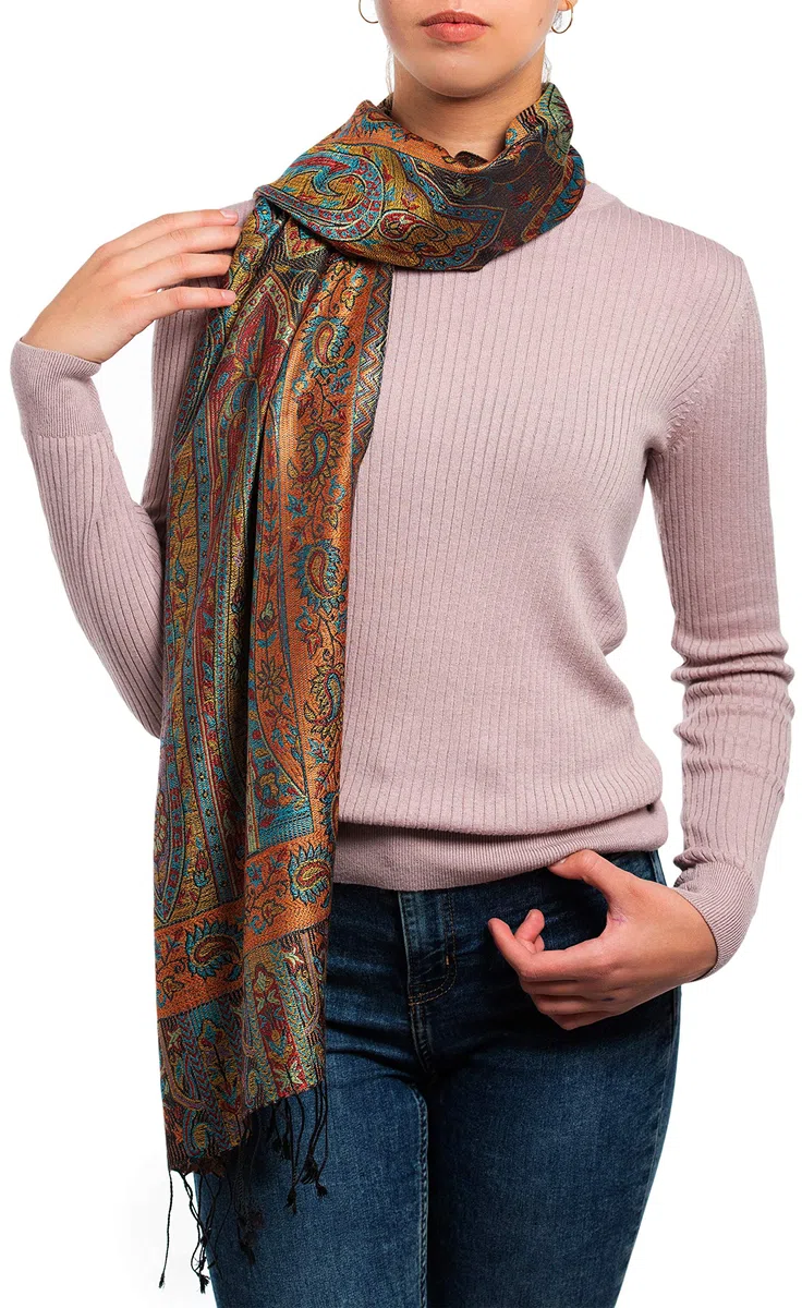 Sciarpa in 100% seta Pashmina dall'India per donna e uomo, motivo Paisley, 160 x 35 cm - fazzoletto in seta pura - molti disegni differenti