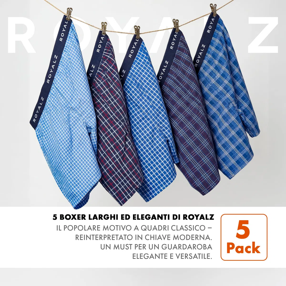 ROYALZ Boxer Uomo Cotone 100 per Cento (Confezione da 5 Pezzi) - Mutande Boxer Americani Uomo Larghi - Briefs Intimo con Motivo a Quadri Blu
