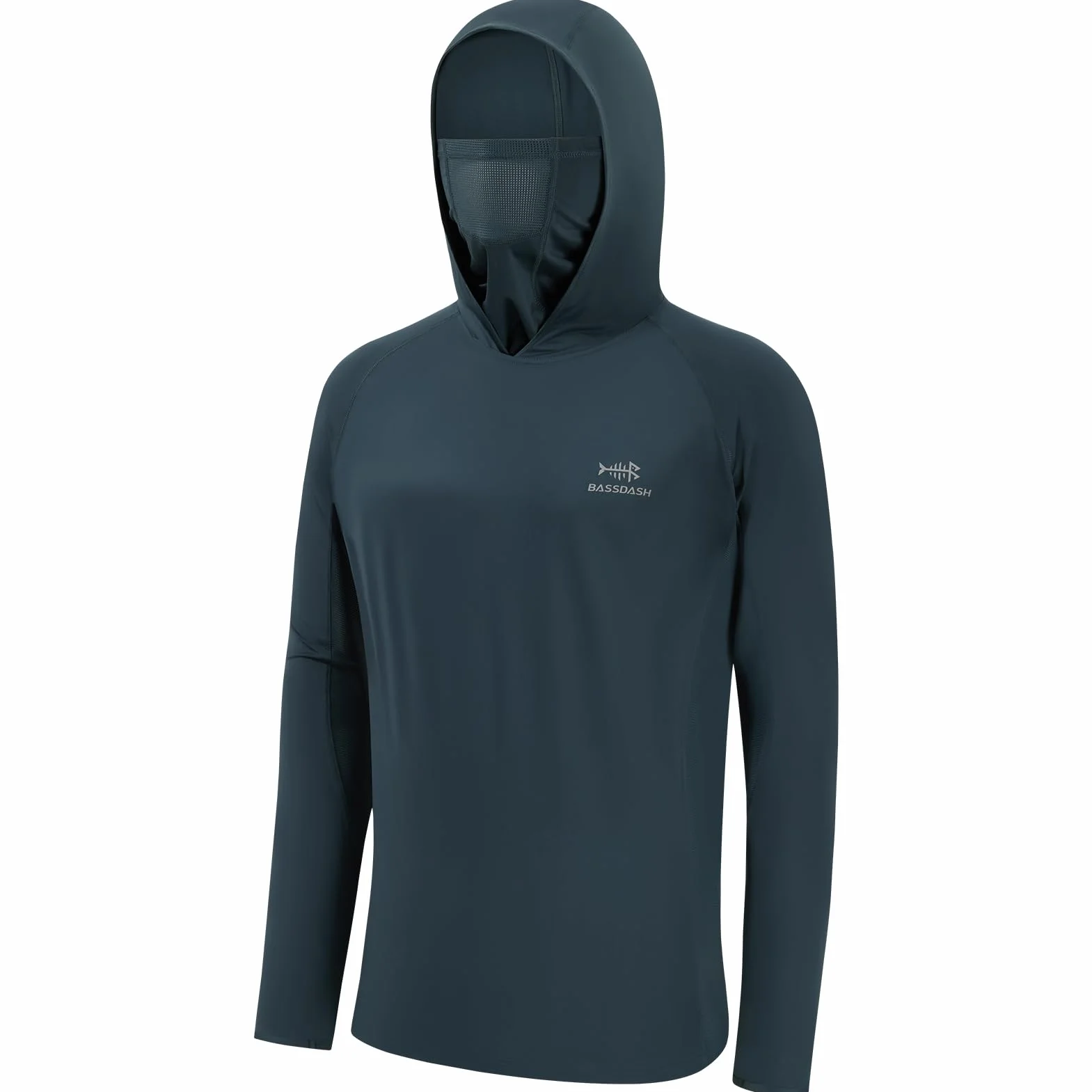 Bassdash - Maglia a Maniche Lunghe da Uomo con Protezione UPF 50+ e Maschera facciale incorporata, Scaldacollo e Cappuccio, Ideale per la Pesca