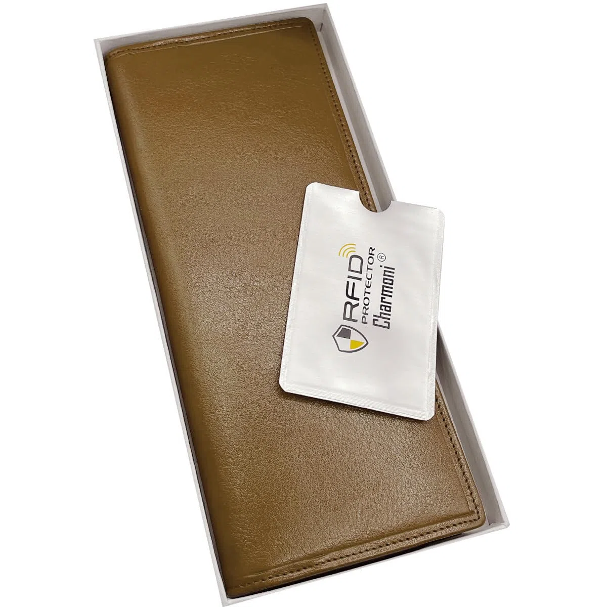 Charmoni - Custodia per libretto degli assegni lunga con tacco a sinistra - Protezione anti-RFID - 2 persiane - 9 scomparti per carte di credito in pelle di vacchetta, grigio, taglia unica, Classico