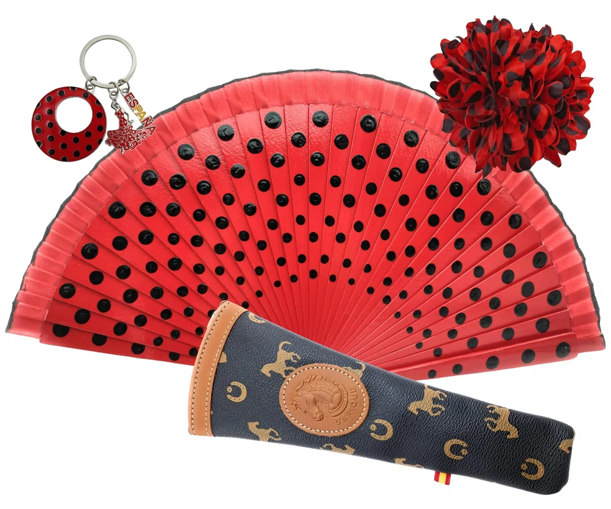Ventaglio con pois dipinti a mano con fodera artigianale. Include fermaglio per capelli e portachiavi stile flamenco (Rosso LN)