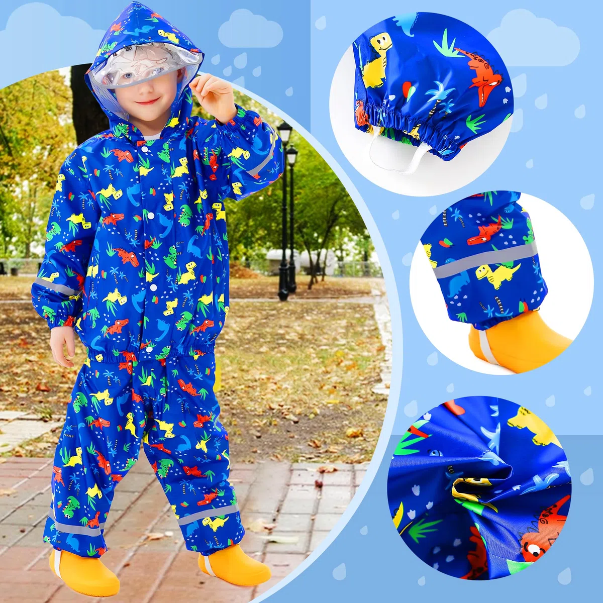 Tuta Impermeabile Bambino Bambina con Cappuccio Leggero Antipioggia Giacca & Pantaloni Impermeabili con Strisce Riflettenti Tuta Pioggia Completo Abbigliamento per Ragazze Ragazzi 1-7 anni