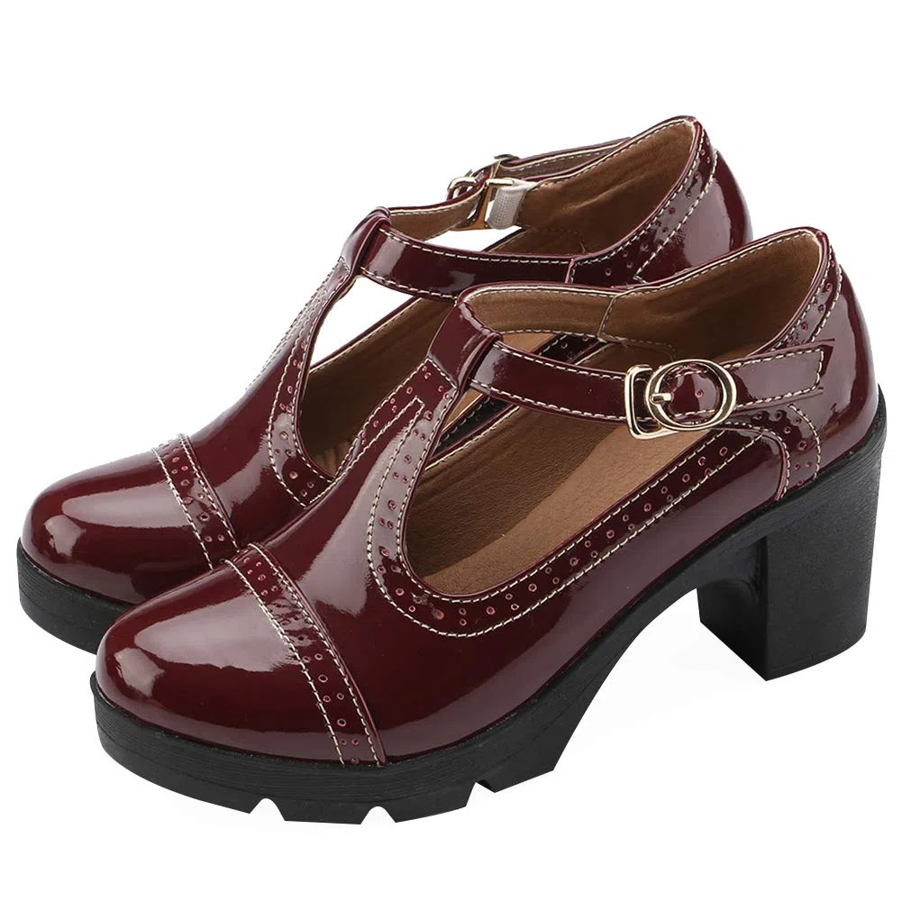 ANUFER Donna Medio Tacco a Blocco T-Cinghia Brogues Pumps Mary Janes Uniforme Ufficio Scarpe da Sera