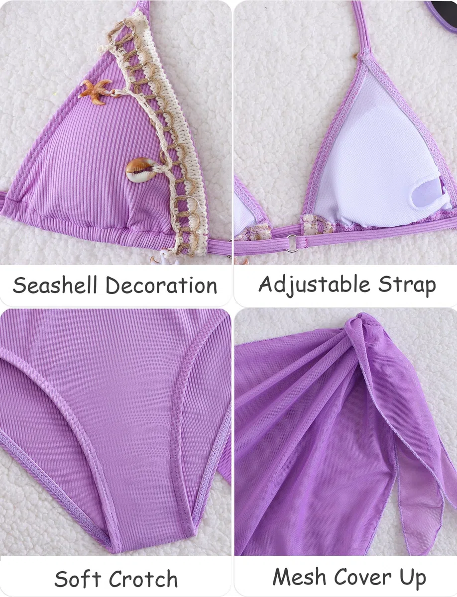 SEAUR Ragazza Set Bikini con Gonna a Maglia 3 Pezzi Costume da Bagno Moda Shell Halter Bikini Set Bambino Estate Spiaggia Piscina 8-12 Anni