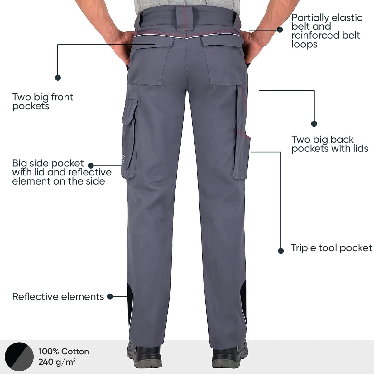 BWOLF Raptor 100% cotone, pantaloni da lavoro da uomo, pantaloni da lavoro con tasche multifunzionali, tasche imbottite, strisce riflettenti