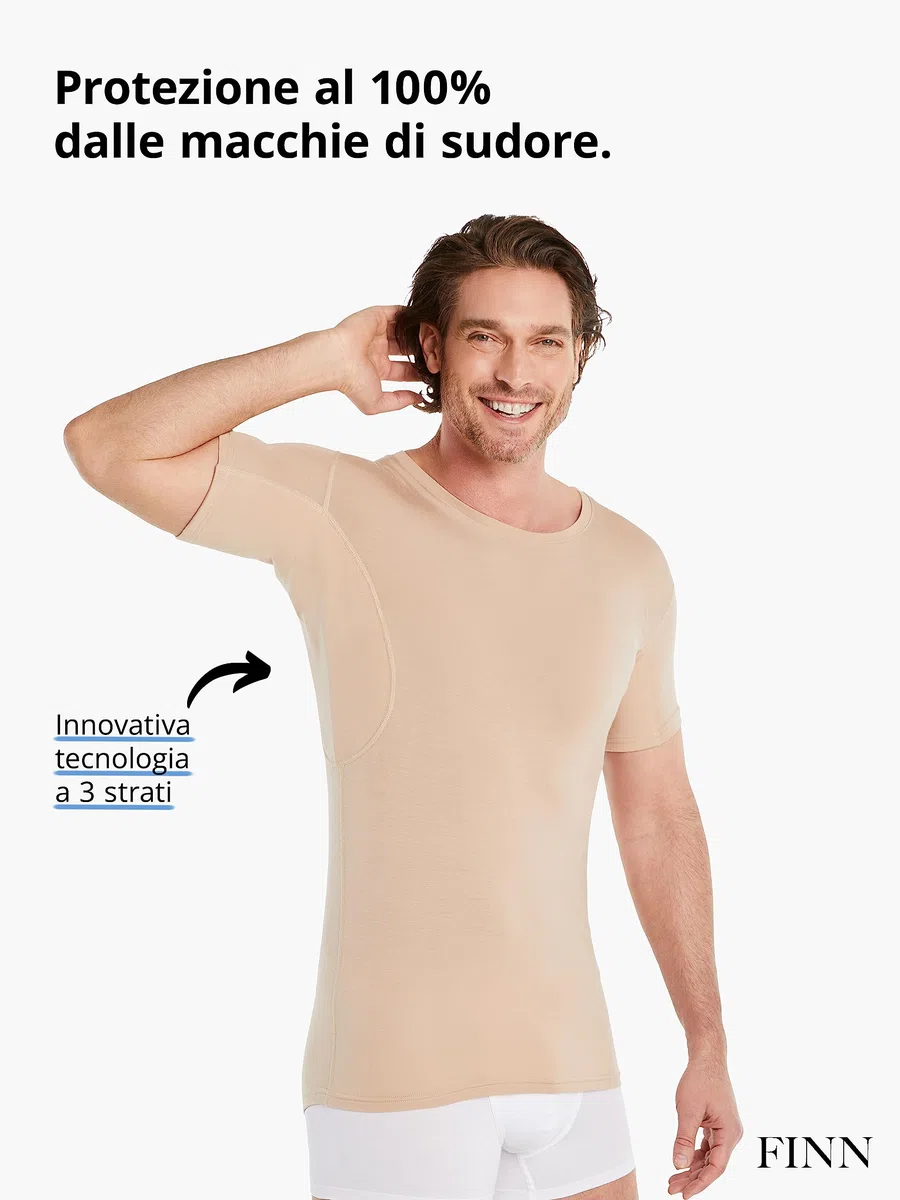 FINN Maglia Intima Anti-Sudore Uomo con Collo Rotondo e Assorbenti Ascellari Contro Sudorazione Eccessiva - Protezione Garantita Contro Le Macchie di Sudore e i Cattivi odori