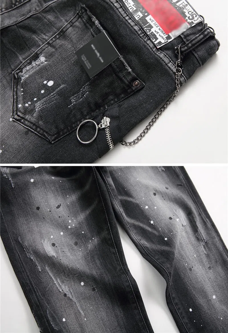 Jeans Uomo Slim Fit - Pantaloni Casual Elasticizzati con con Spruzzi di Inchiostro, Stile Urban e Streetwear Y2K