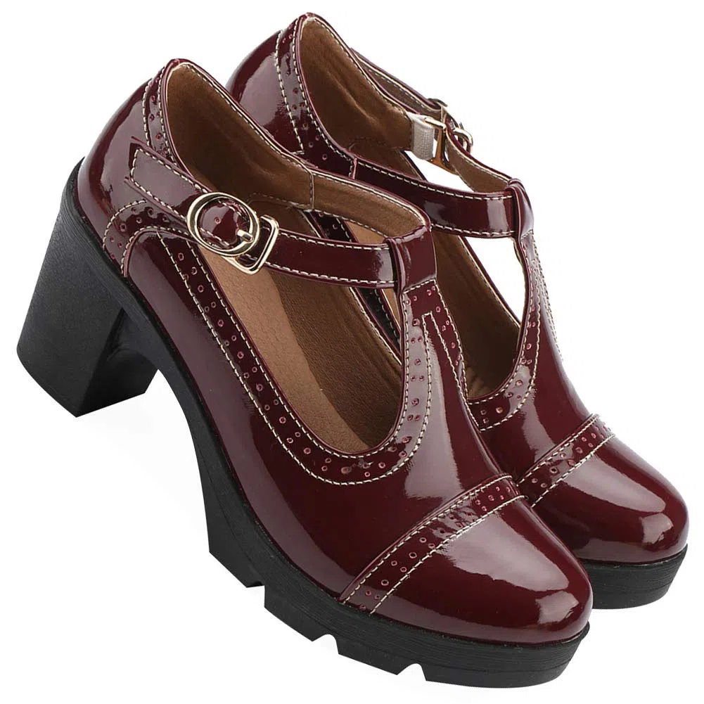 ANUFER Donna Medio Tacco a Blocco T-Cinghia Brogues Pumps Mary Janes Uniforme Ufficio Scarpe da Sera