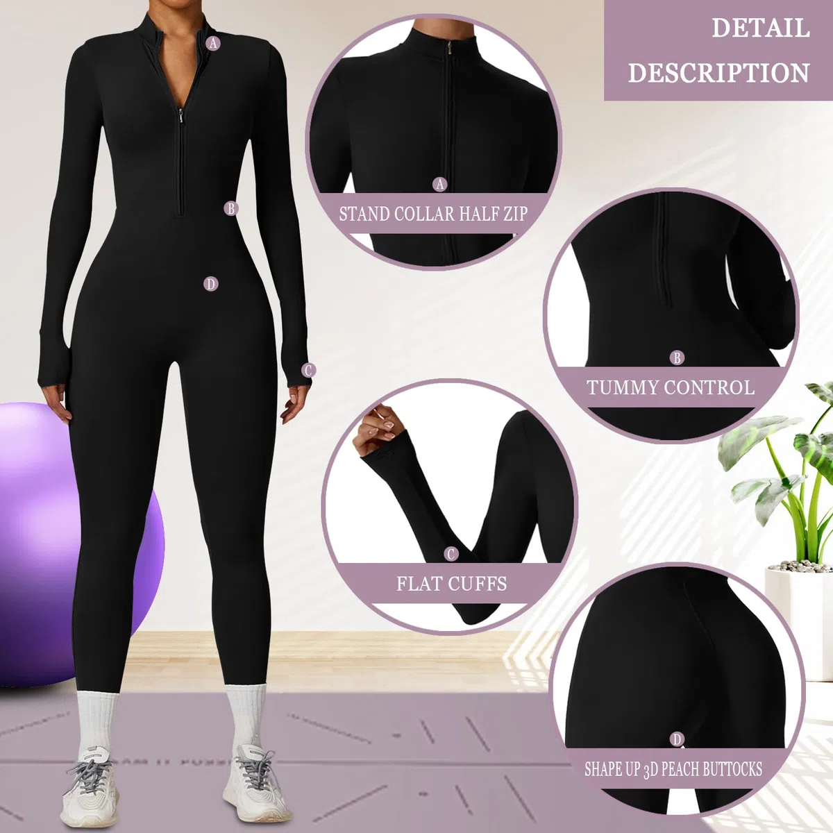 Tuta Intera Donna Sportiva Maniche Lunghe Jumpsuit Aderente Sexy Cerniera Completo per Yoga Palestra Abbigliamento Zip Costine Tutina Sportivo