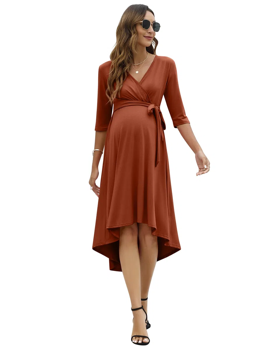 KOJOOIN Abito Premaman da Donna Abito Gravidanza Abito Allattamento Festivo Scollo a V Maniche 3/4 con Cintura in Vita(Confezione MOREWEG)