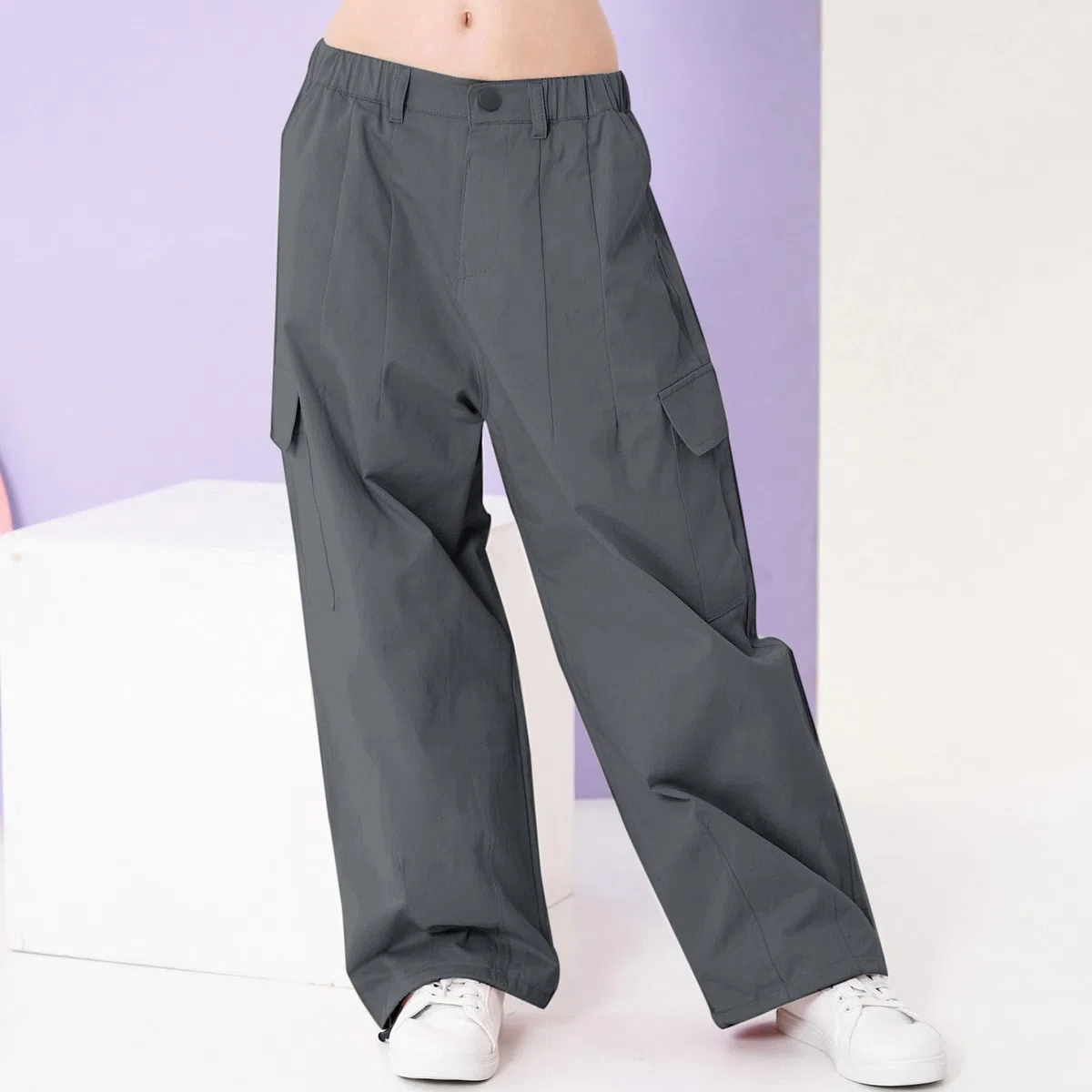 Rolanko Pantaloni Cargo da Ragazza, Pantaloni Larghi in Cotone con Vita Elasticizzata e Tasche Multiple per Bambini di 6-15 Anni