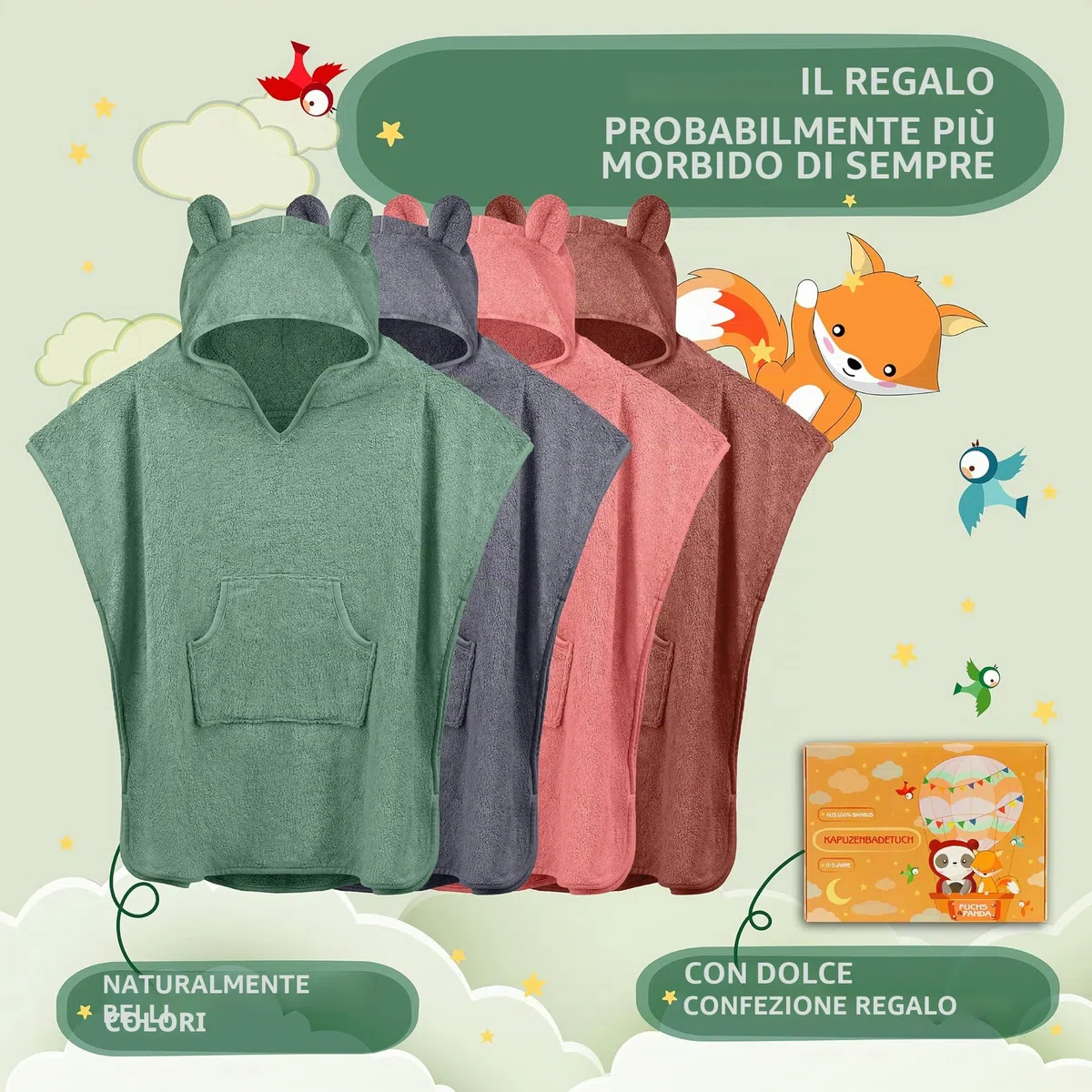 Fuchs&Panda® Poncho da Bagno per Bambini Extra Caldo e Morbido (100% Bambù) | Asciugamano Poncho Con Ottima Confezione Regalo (Rame-Verde)