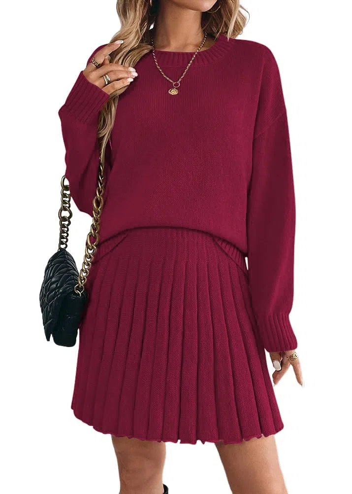 ORANDESIGNE Completo Gonna Plissettata da Donna in 2 Pezzi Abito a Collo Alto e Gonna in Maglia Set 2 Pezzi Vestiti Elegante Vestito in Maglia Gonna A-Line