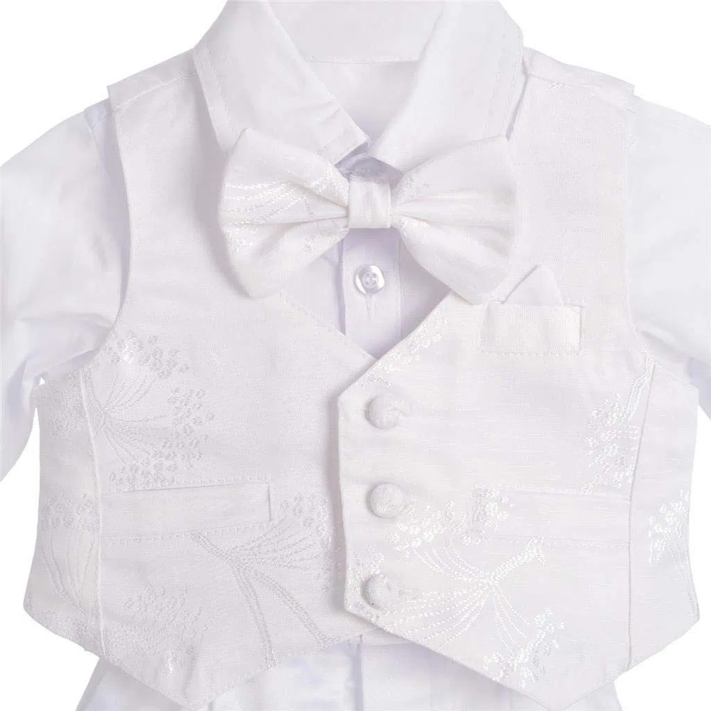 Lito Angels - Completo Abito Bianco da Battesimo per Bimbo, 5 Pezzi Set (Gilet, Camicia, Pantaloni, Papillon e Cappello), Manica Lunga, Floreale