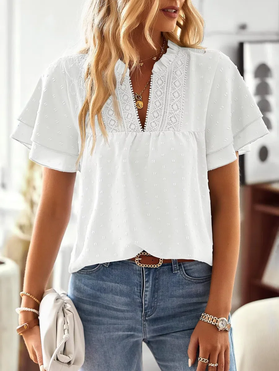 T Shirt Donna Elegante Manica Corta Magliette con Scollo a V Estiva Boho Camicia Casual Volant Abbigliamento Pizzo Top