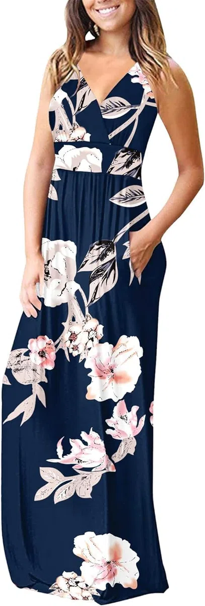 AUSELILY Vestito Donna Elegante Lungo Abito Sera a V Senza Maniche Taglie Forti Casual Estivo Abito con Tasche