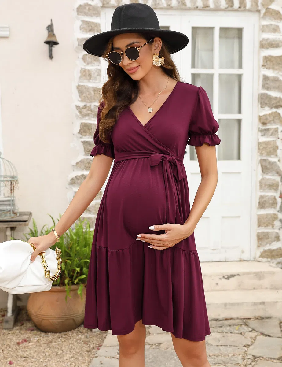 KOJOOIN Abito Premaman da Donna Abito da Allattamento con Scollo A V Elegante Abito Premaman con Maniche A Sbuffo con Volant