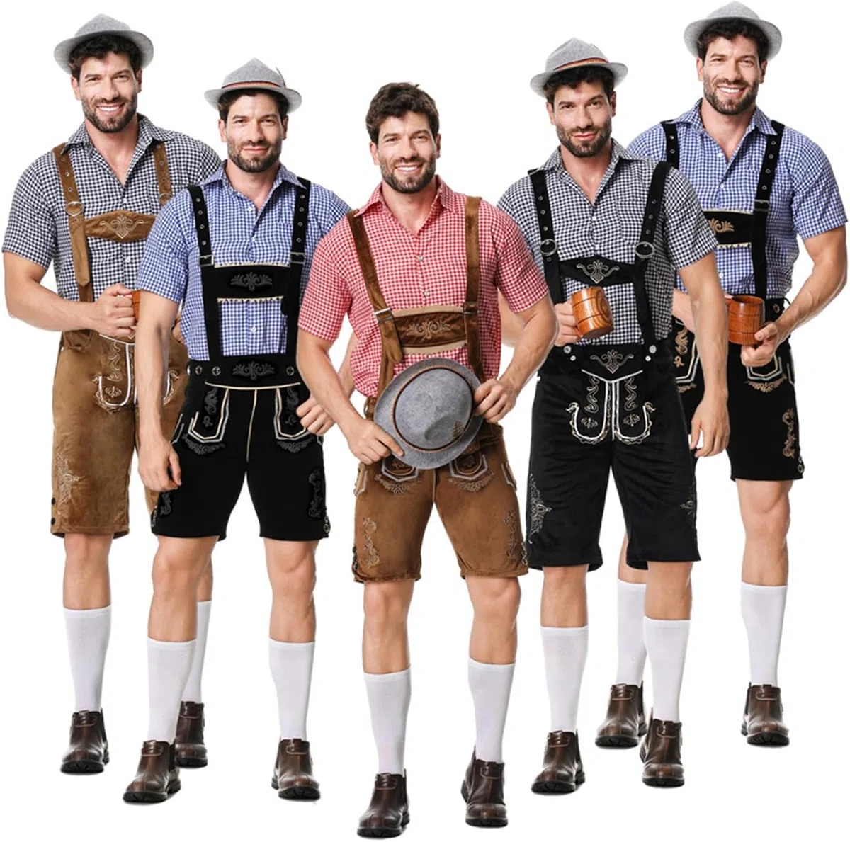 Lederhosen - Set costume da uomo per Oktoberfest, completo camicia tradizionale a quadri, salopette bavarese