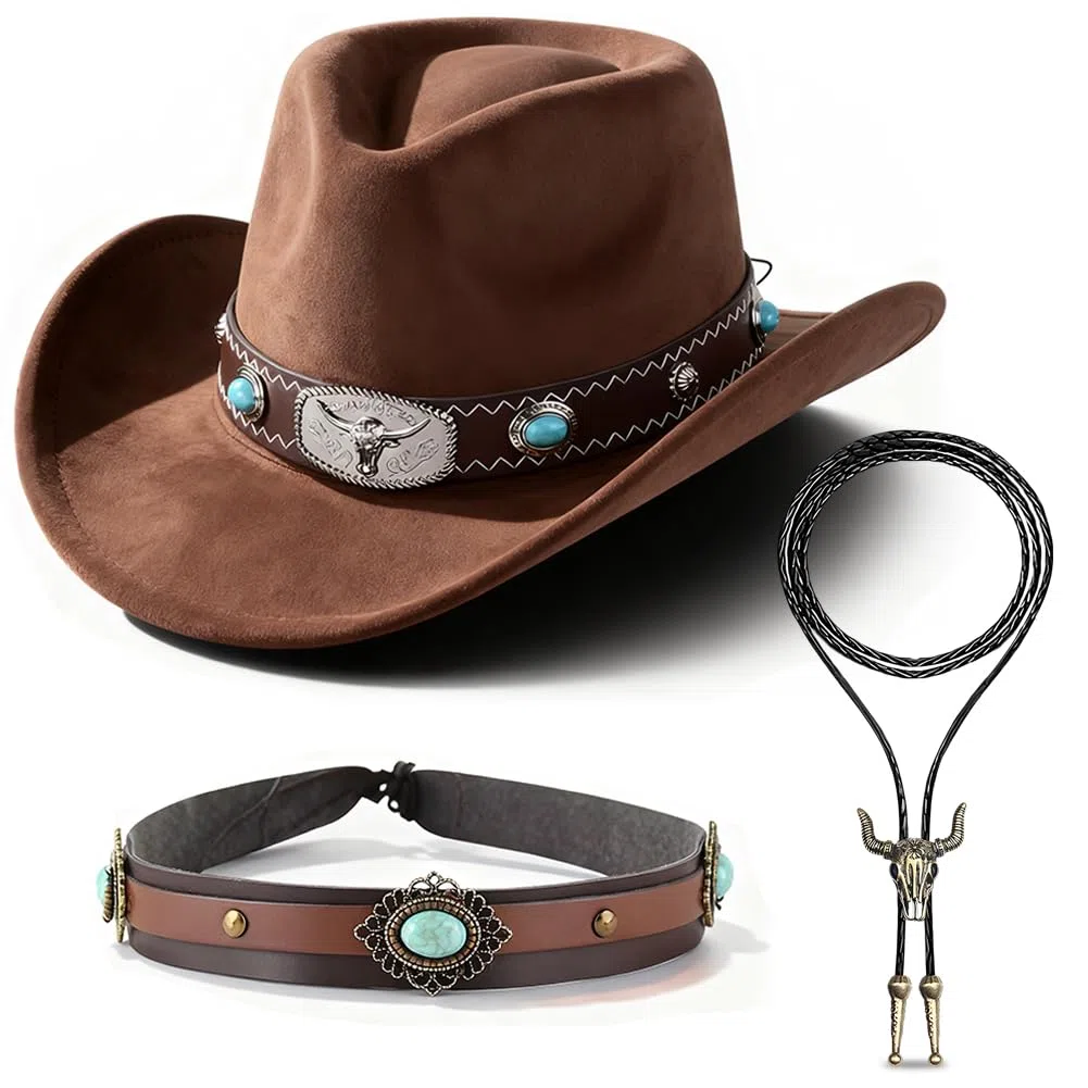Cappello da Cowboy Western con dettagli turchesi e testa di toro, cravatta in pelle e fascia per cappello inclusi, accessorio per Carnevale, Halloween e feste a tema Western, regalo