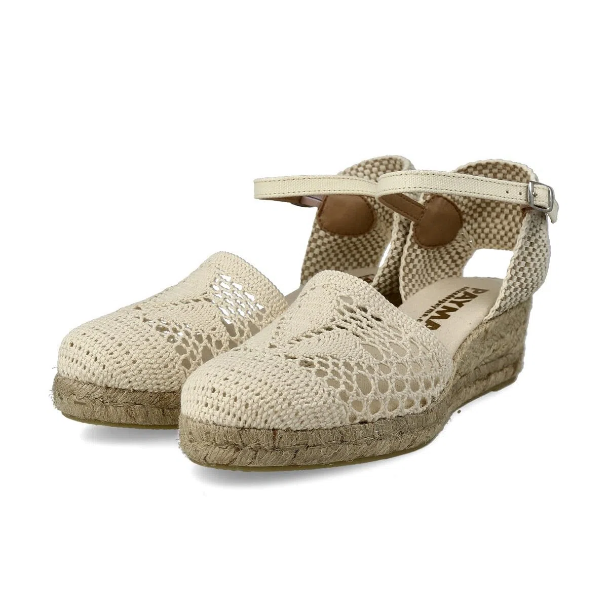 Sandali Bassi con Zeppa de Juta Sparto per Donna. Fatto in Spagna all'uncinetto. Espadrillas con Tacco Basso. Suola Imbottita in Tessuto. Fibbia o Cinturini alla Caviglia