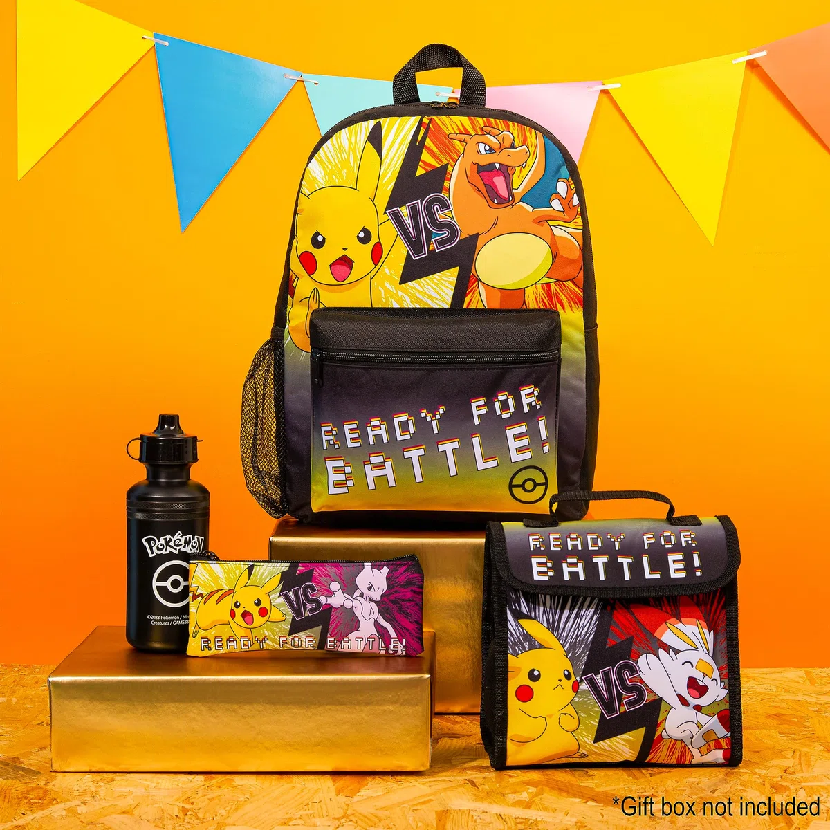 Pokémon Zainetto Bambino Set 4 Pz Zaino Borraccia Astuccio Borsa Porta Pranzo o Portafoglio Anime Accessori Scuola Regalo Bambini (Nero/Giallo 4 Pz Set)