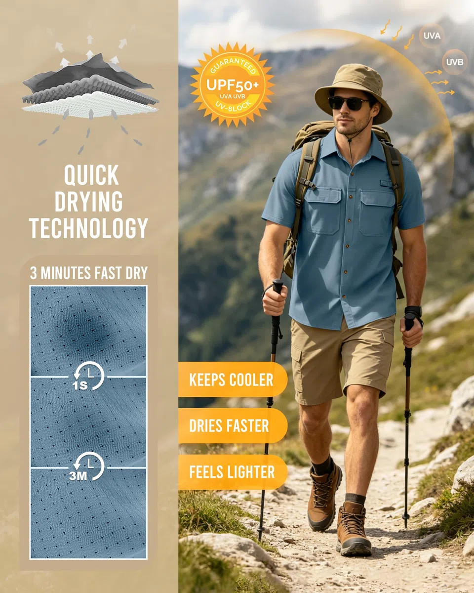 33,000ft Camicia da uomo a maniche corte UPF50+, protezione UV, per attività all'aria aperta, ad asciugatura rapida, per il tempo libero, per pesca, safari, viaggi, golf