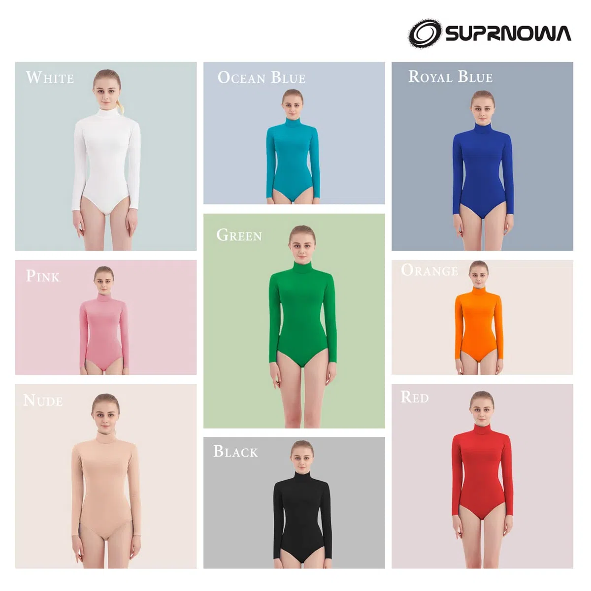 SUPRNOWA Turtleneck Leotard Long Sleeves Spandex Dance Workout Fitness Bodysuit for Women