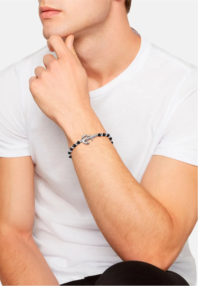 Breil, Collezione Black Onyx, Bracciale da Uomo a Ispirazione Nautica, con Sfere di Onice Nero e Acciaio Specchiato, Chiusura a Moschettone, Idee Regalo Uomo, Lunghezza 17.5-22.5 cm