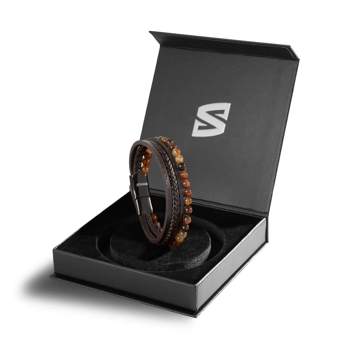 SERASAR | Bracciale Premium da Uomo in Vera Pelle Nera e Marrone | Chiusura Magnetica in Acciaio Inox | Portagioie Incluso | Ottima Idea Regalo