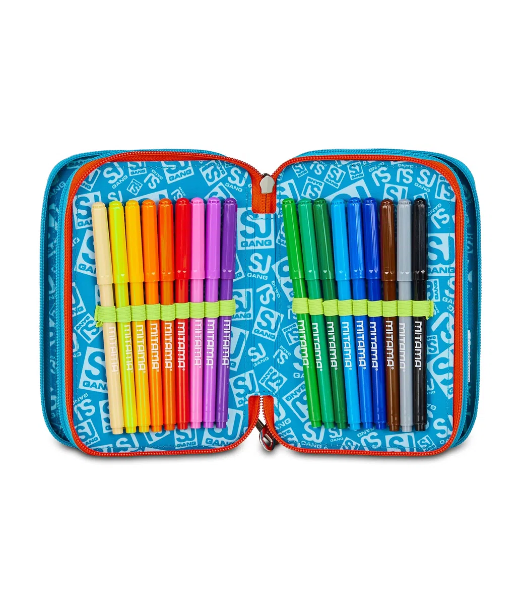 SJ GANG STYLE JAM GANG Astuccio Scuola 3 Zip, Blu, Portapenne Triplo Scomparto Completo Di Penne, Matite, Colori, Accessori Zaino, Scuole Elementari, Bambino