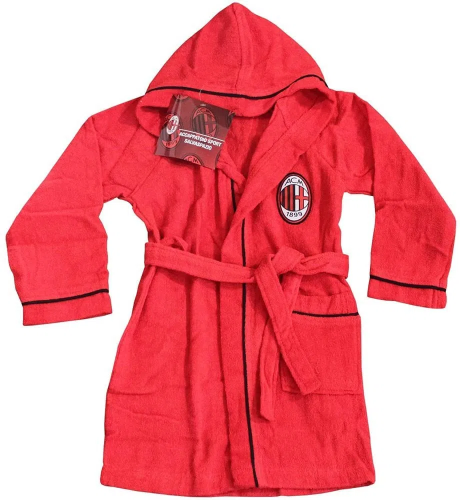 NUOVO ACCAPPATOIO CON CAPPUCCIO UFFICIALE AC MILAN TG 4 6 8 10 12 14 ROSSO NERO 100% MICRO SPUGNA PURO COTONE BIMBO BAMBINO (ANNI 12 / 14)