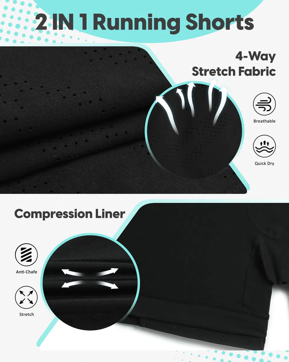 MaaMgic Pantaloni corti da corsa 2 in 1, da uomo, con tasca per cellulare, ad asciugatura rapida, 5", con pantaloni interni, 4 vie, elasticizzati, per corsa, fitness, allenamento atletico