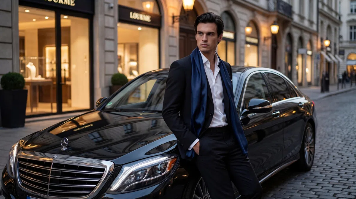 Sciarpa da Uomo 100% Seta Chiffon 180 x 80 cm Tinta Unita per Abito Blu Scuro, Panno di Seta Stola Business Style Regalo per Lui, Bianco