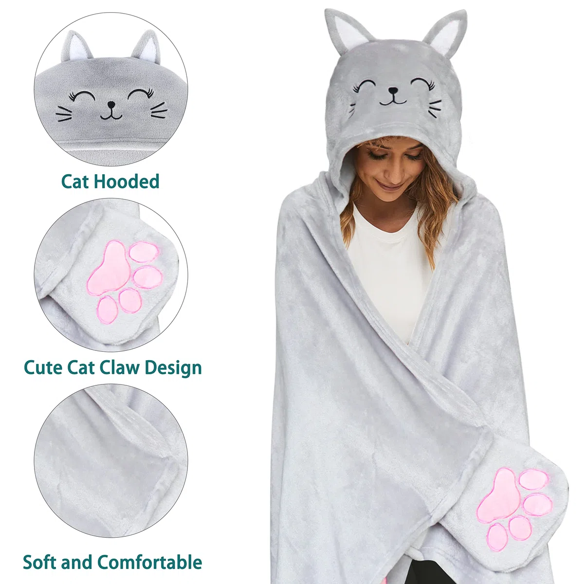 Coperta con Maniche e Cappuccio Regali per Amanti dei Gatti Flanella Plaid con Maniche 130×150 cm Regalo Donna Compleanno Natale Divertente Coperta Gatto Indossabile