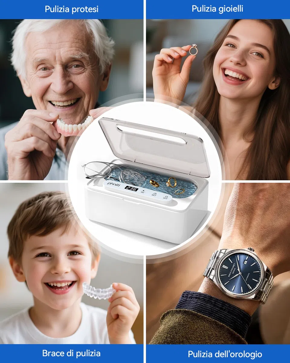 Phniti Pulitore Ultrasuoni, Pulitore Ultrasuoni Apparecchio Denti a 47KHz, Pulitore a Ultrasuoni da 330 ml Ultrasonic Cleaner, Portatile ad Pulitore Ultrasuoni Gioielli per Protesi, Occhiali, Orologi