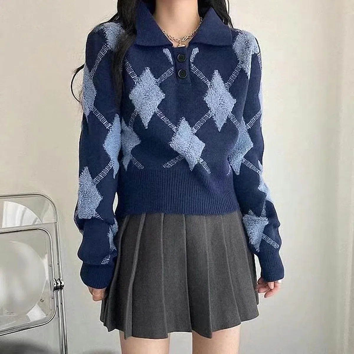 WEITING Maglione con Stampa a Rombi Stile Coreano Donna Preppy Blu Colletto Polo Moda Maglione Lavorato a Maglia Donna Autunno Inverno Pullover-Shenlan-S
