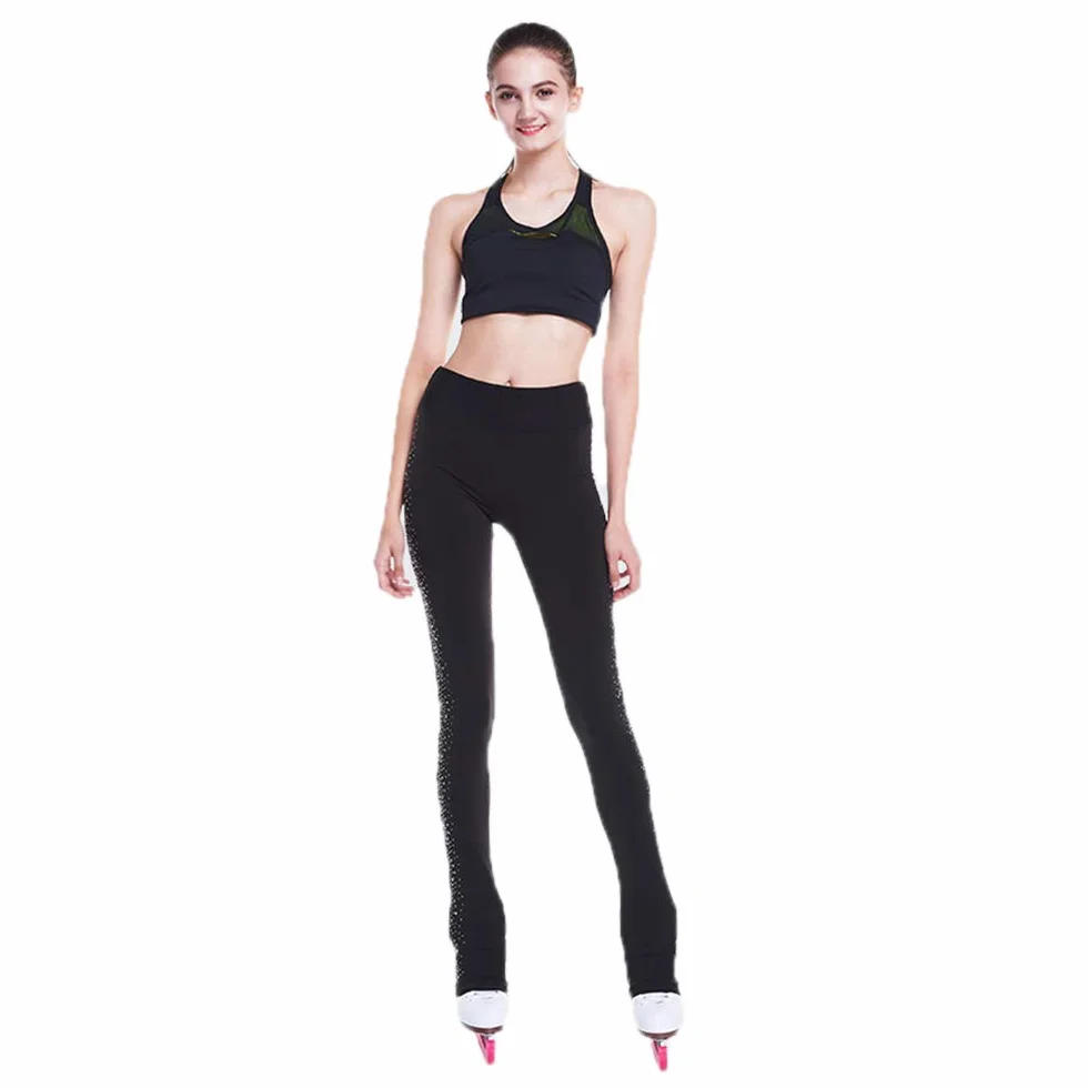 LIUHUO Pantaloni da Pattinaggio Artistico per Ragazze Abbigliamento da Allenamento Cristalli di qualità Leggings Neri per Pattinaggio Bambini