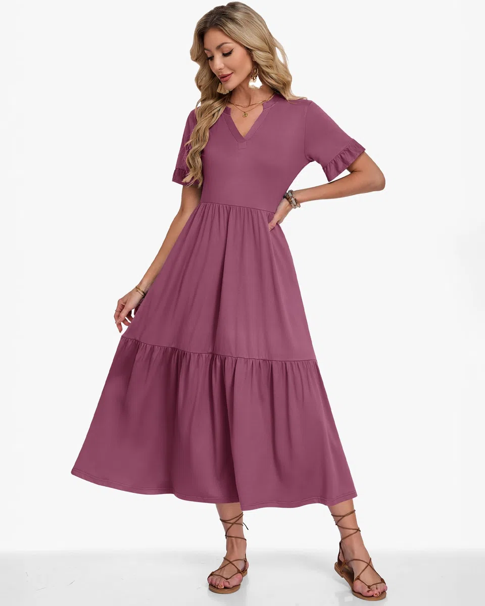 AUSELILY Vestito Donna Estivo Lungo Manica Corta a Volant Scollo V Vestito da Mare Spiaggia Lungo Abito Casual Elegante con Tasche