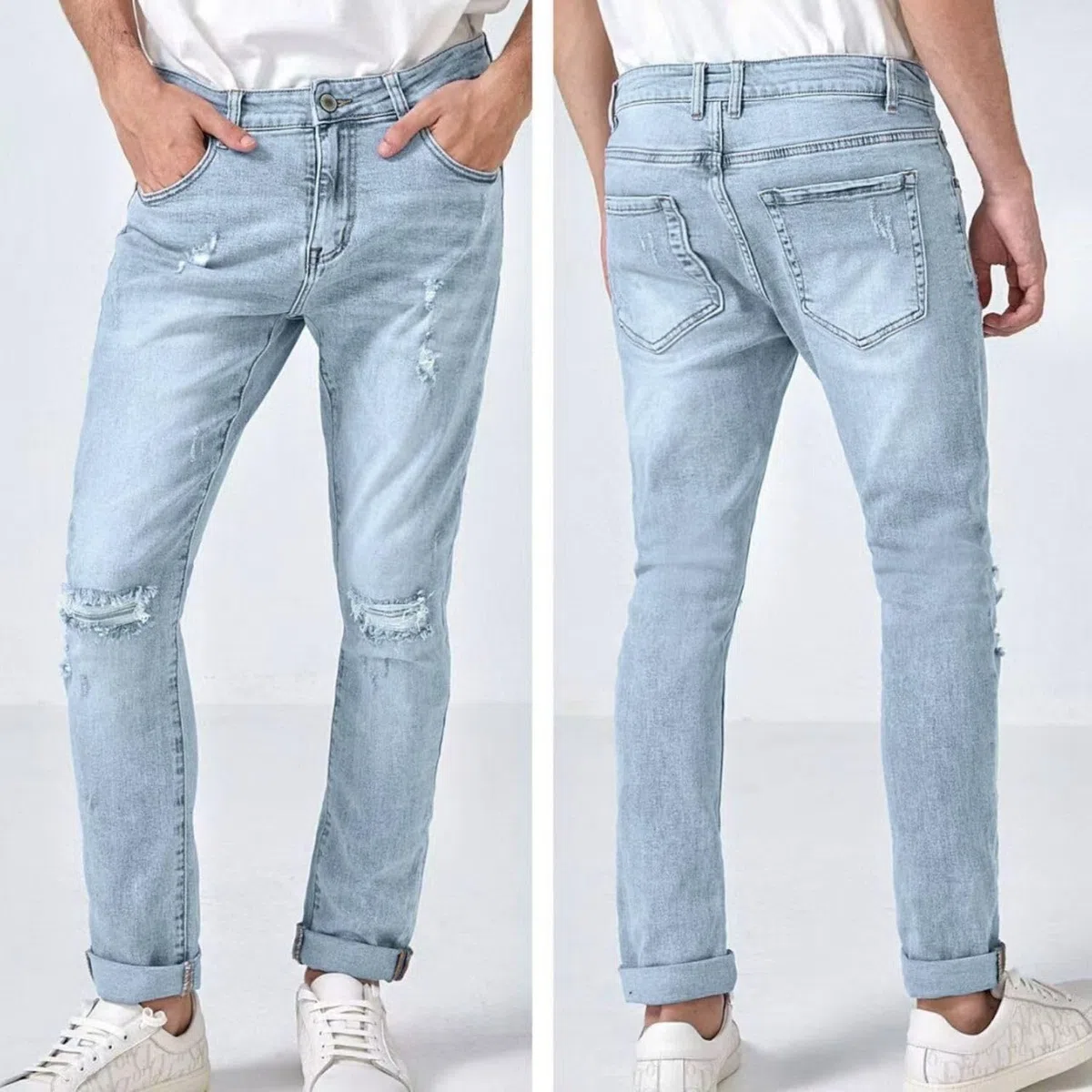 TONY BACKER - Jeans Uomo Slim Fit Elasticizzati, Jeans Uomo Strappati, Stile Urban Casual in Denim, Blu Grigio Celeste, vestibilità Aderente, Taglie 42-52 Art. S250