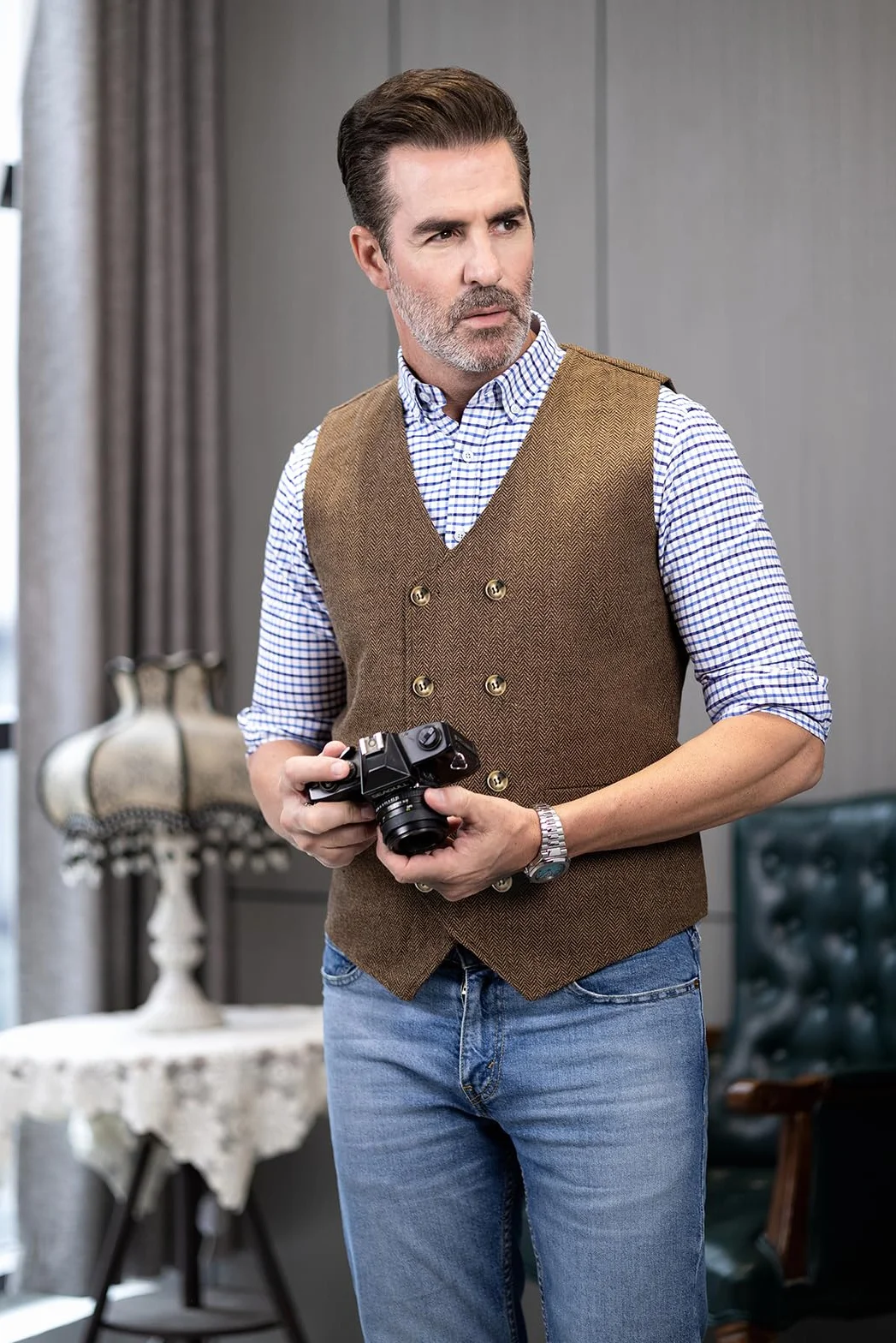 Solovedress Gilet da uomo vintage in tweed, doppiopetto, per matrimonio