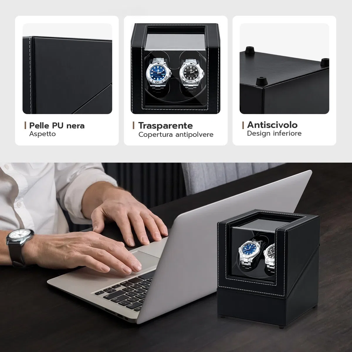 Carica Orologi Automatici 2 Posti,Scatola del Tempo per Orologi,USB-DC per Automatic Watch Winder PU Scatola per Orologi Doppi Rotanti,Rotazione Silenziosa