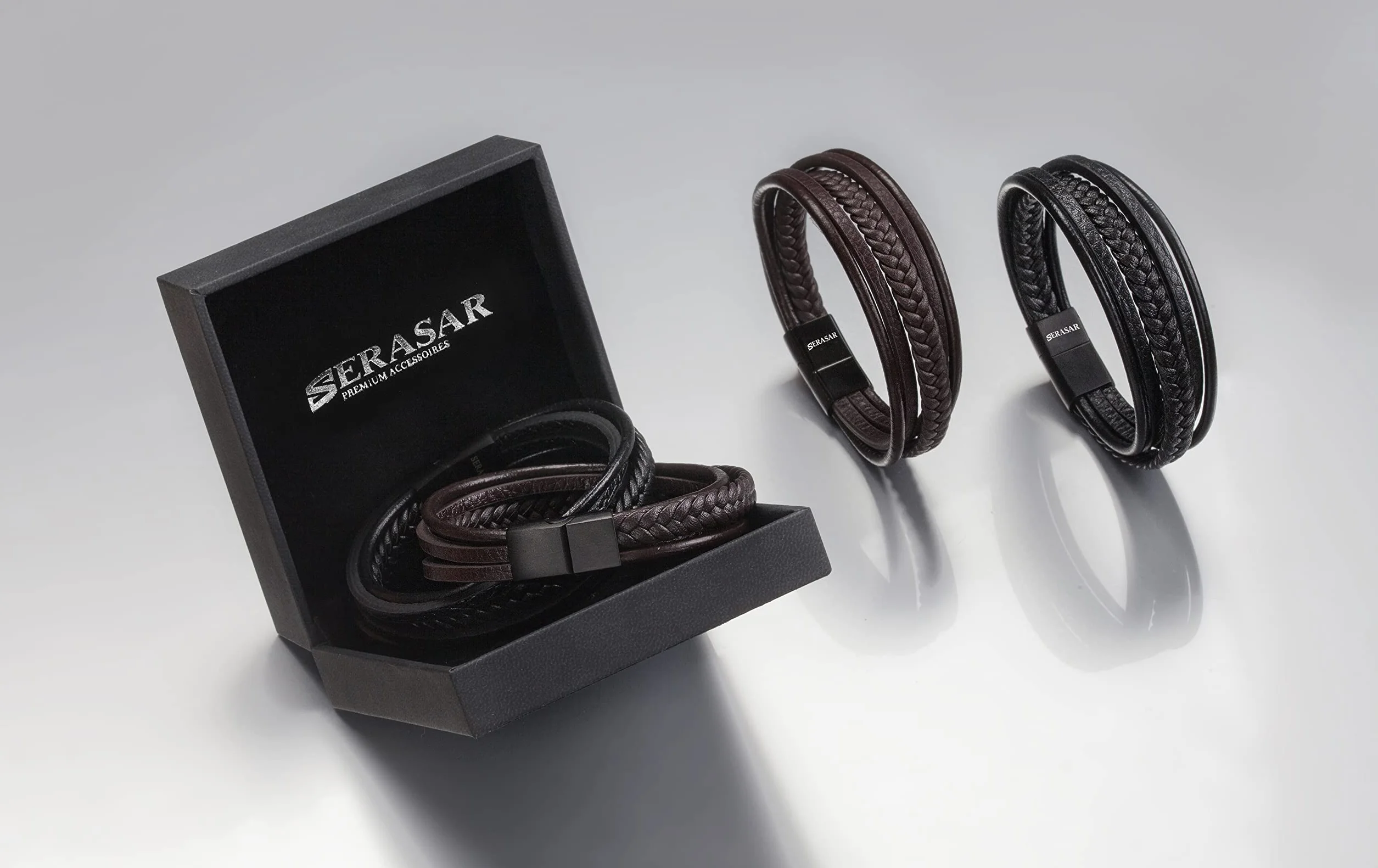 SERASAR Bracciale [Braid] Uomo Pelle in Nero/Marrone - Serratura Magnetica in Acciaio Inossidabile, Esclusivo Portagioie, Idea Regalo per Amici, Marito, Fidanzato | Lunghezza 17, 19, 21, 23, 25cm