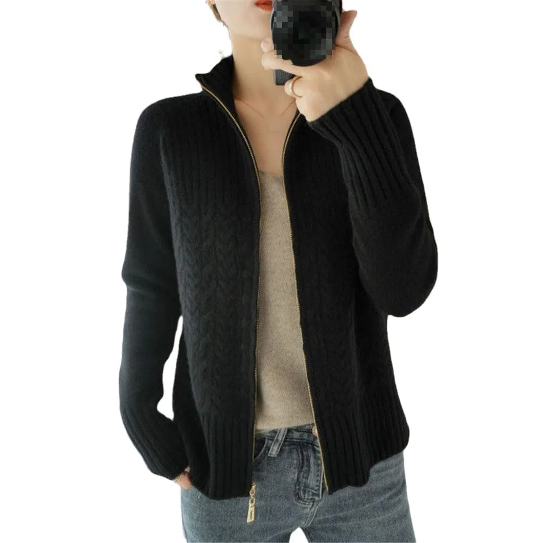 Ownwfeat Maglione Cardigan da Donna con Cerniera E Collo Alto, Maglione Casual Intrecciato