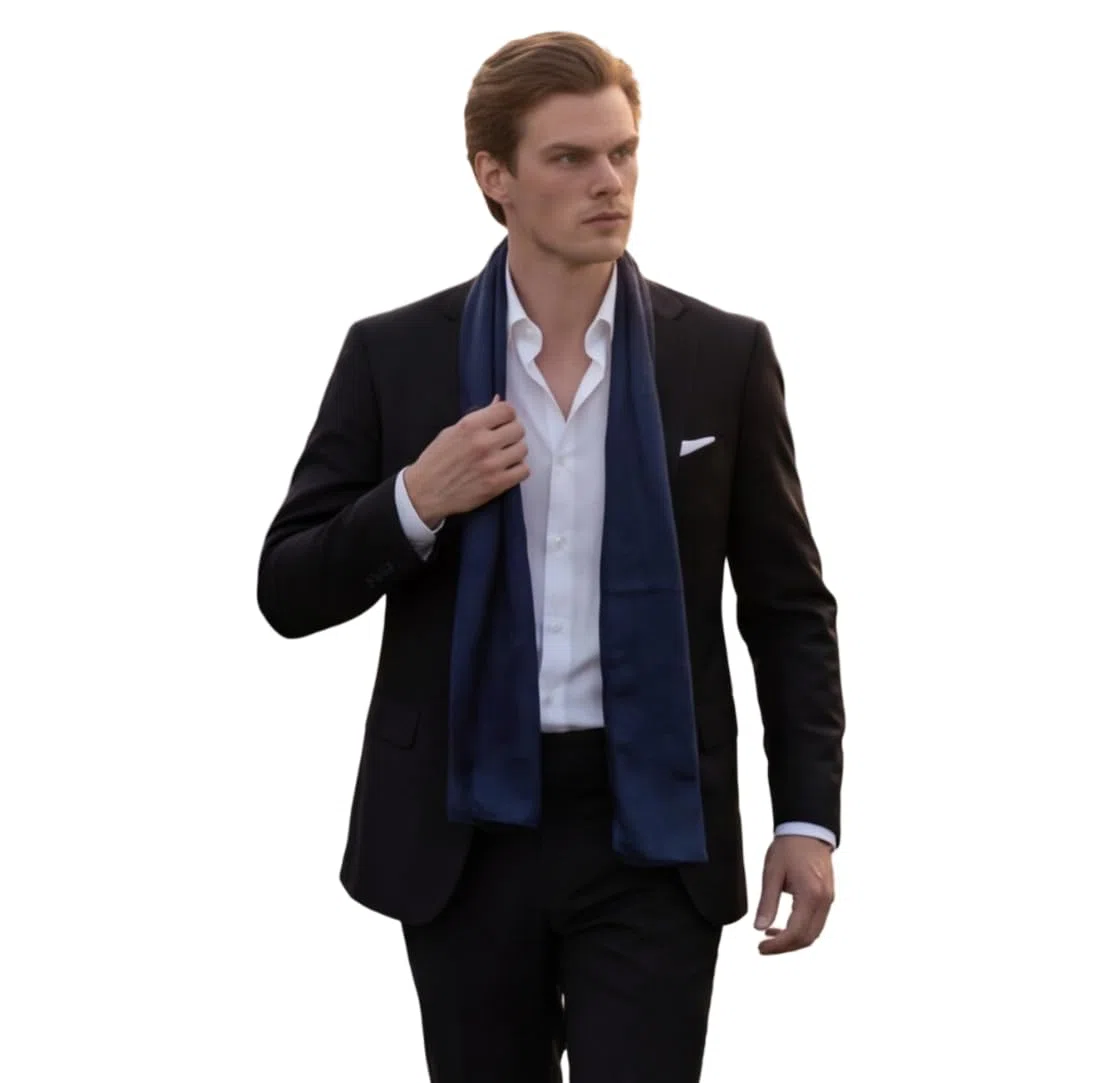 Sciarpa da Uomo 100% Seta Chiffon 180 x 80 cm Tinta Unita per Abito Blu Scuro, Panno di Seta Stola Business Style Regalo per Lui, Bianco