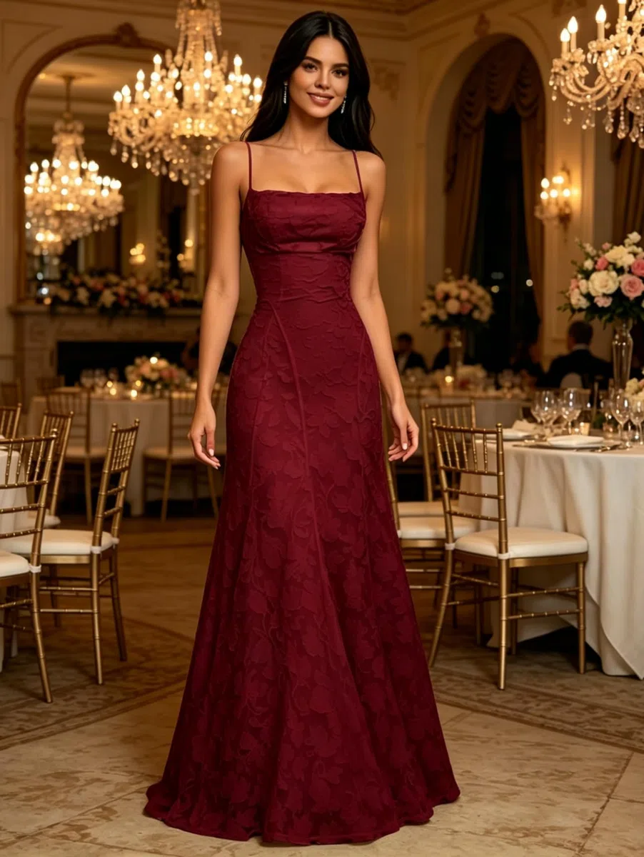 Generico Vestito da Dama d'Onore in Pizzo Jacquard Floreale, Abito Lungo Senza Maniche con Schiena Scoperta e Lacci per Matrimonio e Ballo